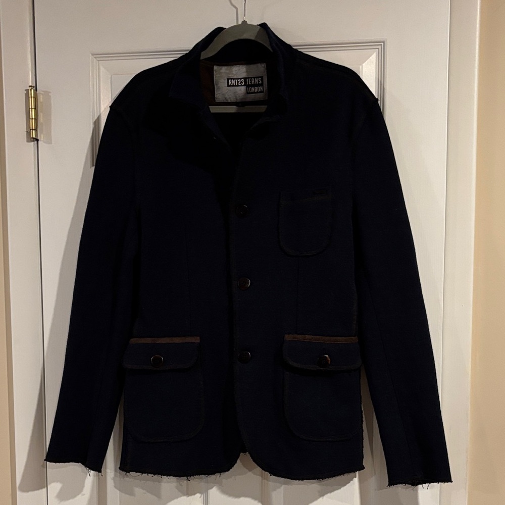 RNT23 Jeans London Men’s Navy Blazer with Buttoned Pockets & Suede Elbow Pads XL